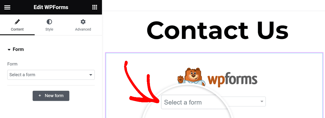 Selectarea unui formular existent din widgetul WPForms Elementor