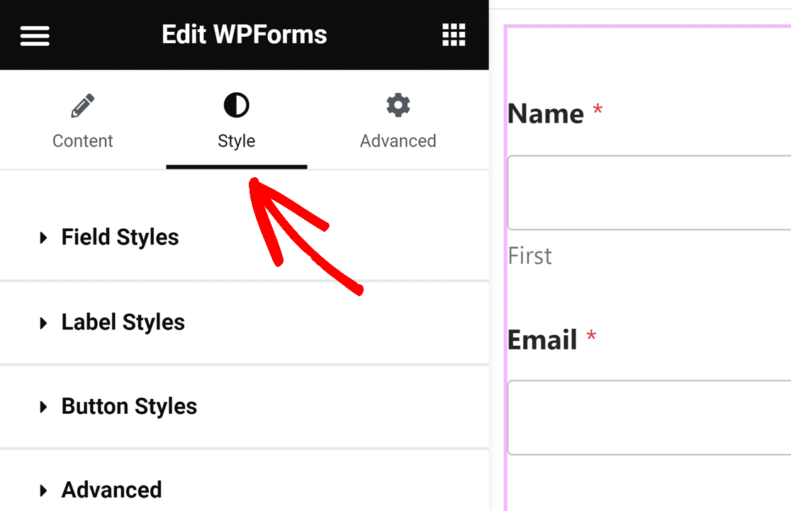 Elementor에서 WPForms 위젯의 스타일 옵션 열기