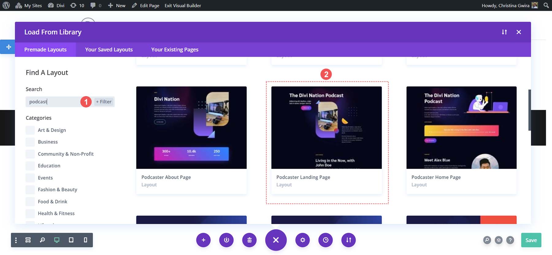 Selectați aspectul paginii de destinație din pachetul de aspect Podcaster