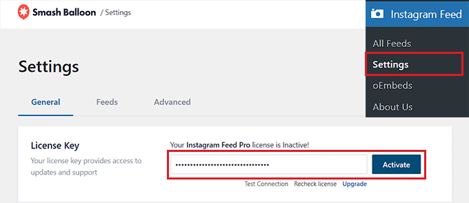 Activez la clé de licence du plugin Instagram Feed Pro Activate the Instagram Feed Pro plugin license key