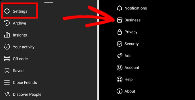 Cliquez sur Paramètres > Option Entreprise sur le compte Instagram Click Settings > Business option on the Instagram account
