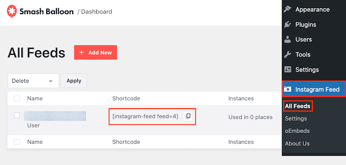 Copiez le shortcode du flux Instagram Copy the Instagram feed shortcode