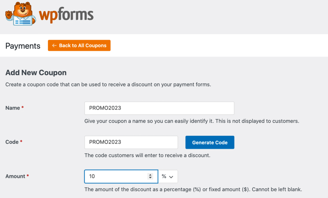 Payments tab in WPForms