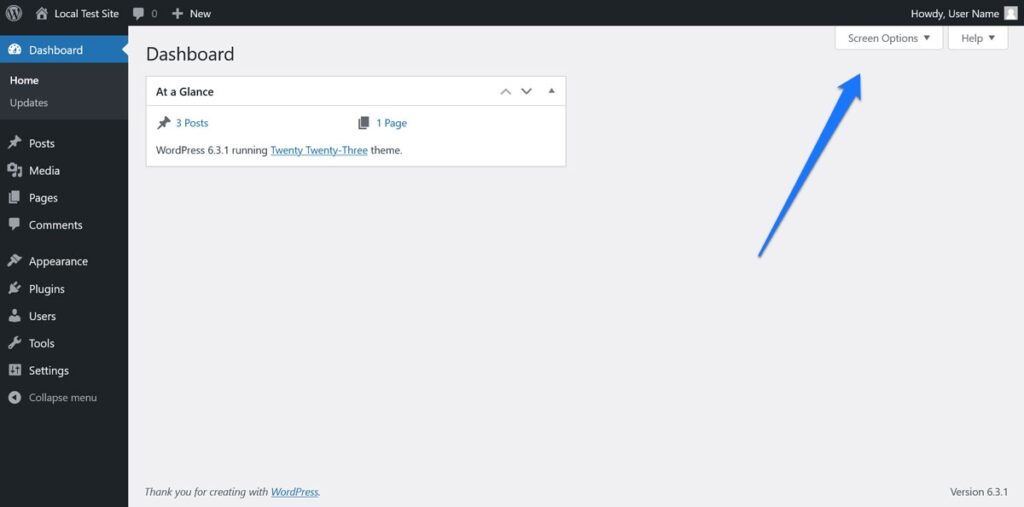 élément de menu des options de l'écran WordPress