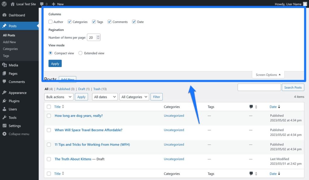 options d'écran wordpress