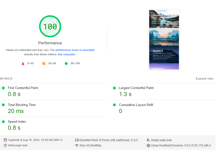Leistungsbericht nach Aktivierung der LazyLoad CSS-Hintergrundbilder