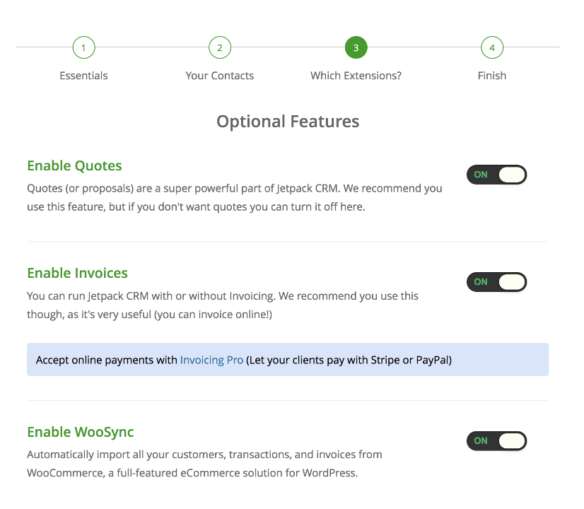 fonctionnalités facultatives dans Jetpack CRM