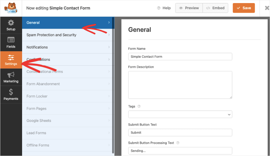 Registerkarte „Allgemeine Einstellungen“ in WPForms