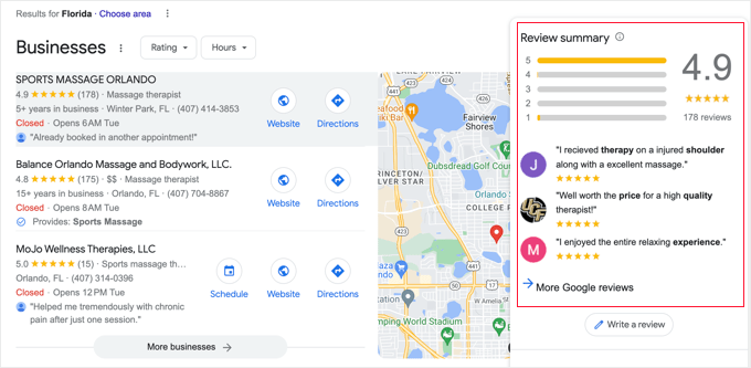 搜索引擎结果页面上显示的 Google 评论 Google Reviews Shown on a Search Engine Results Page