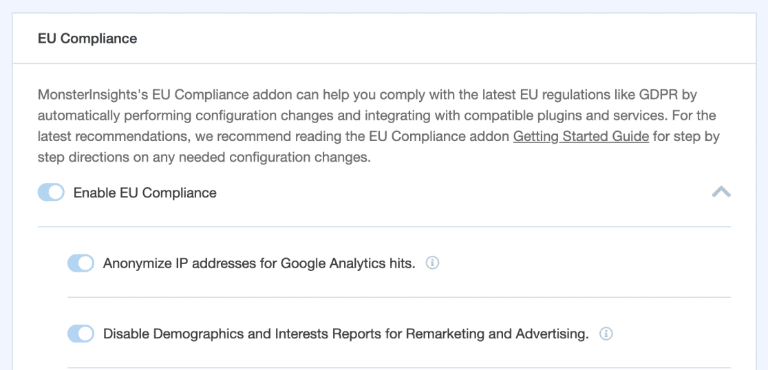 MonsterInsights settings EU compliance