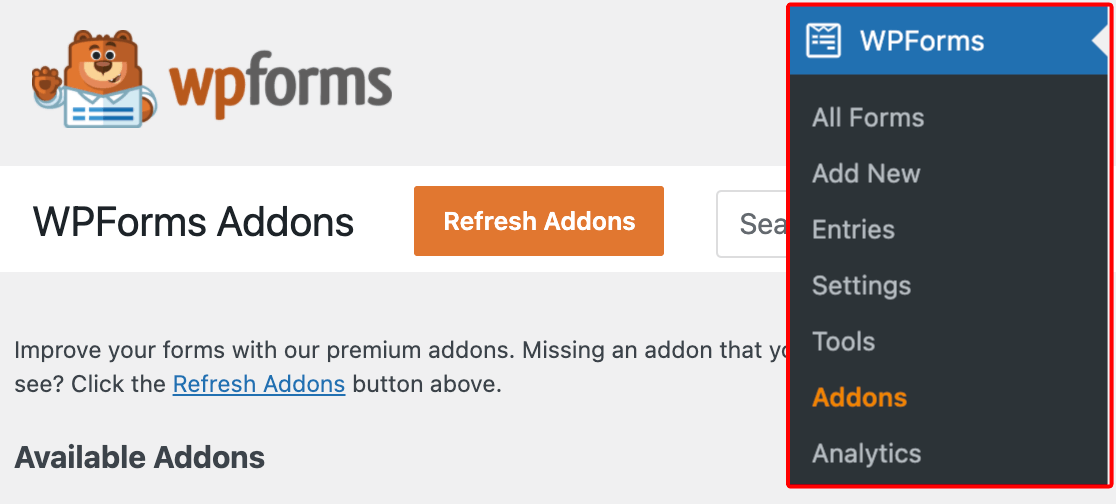 WPForms addons screen