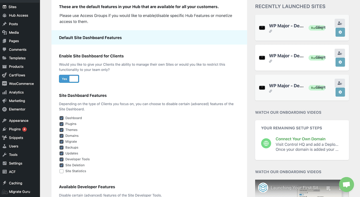 Un panel de WordPress que muestra varias opciones que Dollie ofrece para gestionar la experiencia de ventas de un cliente.