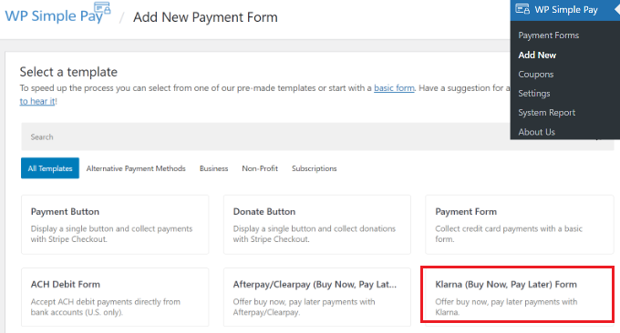 選擇 Klarna 表單模板 Select Klarna form template