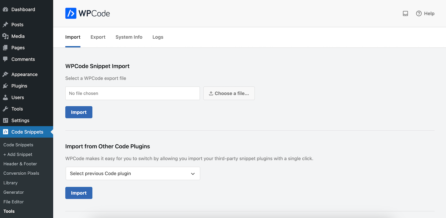 WPCode-Tools zum Importieren und Exportieren