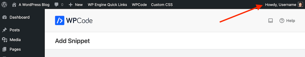 Standard-WordPress-Nachricht „Howdy“.