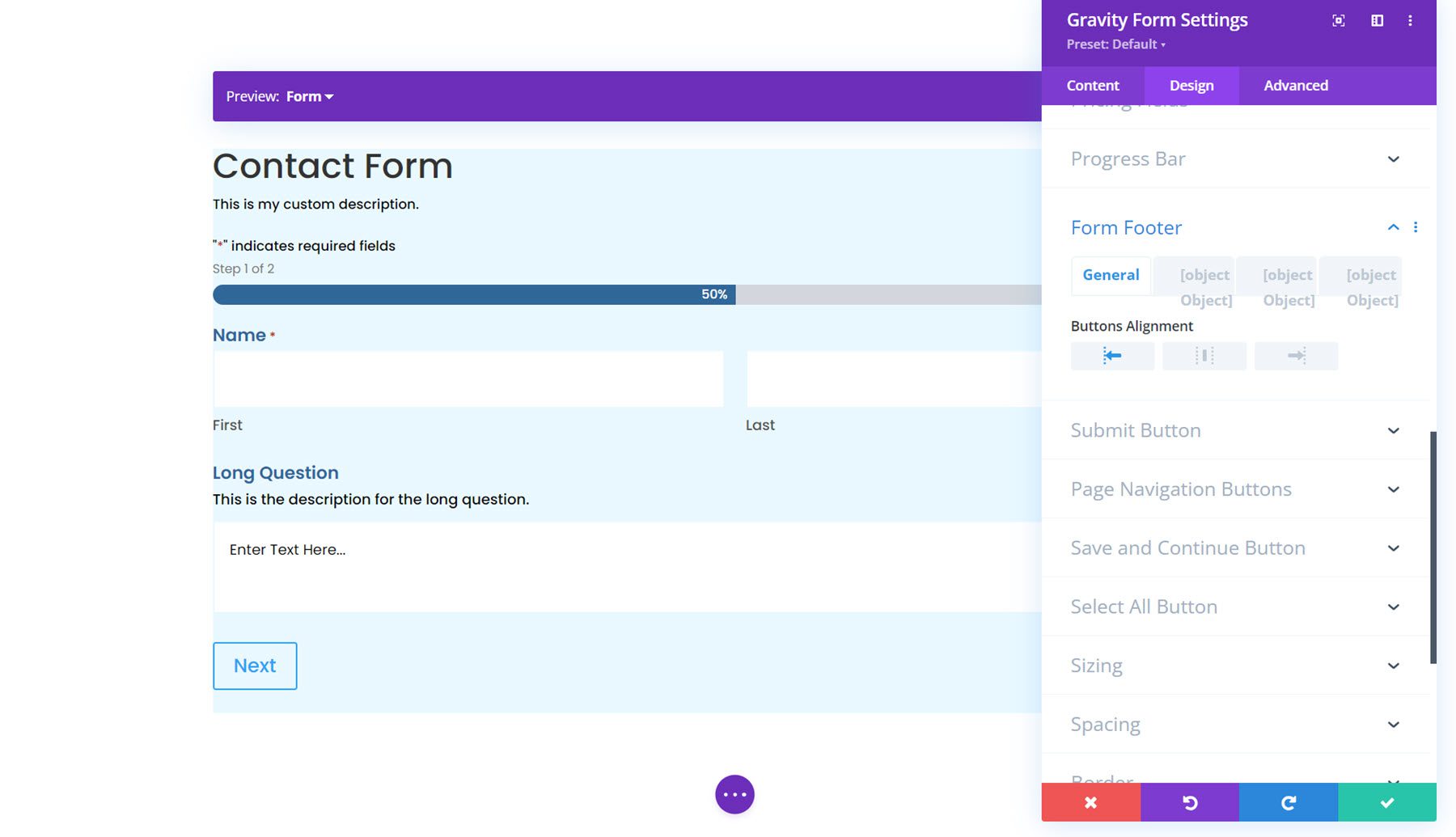 适用于 Divi 表单页脚的 Gravity Forms Styler 模块