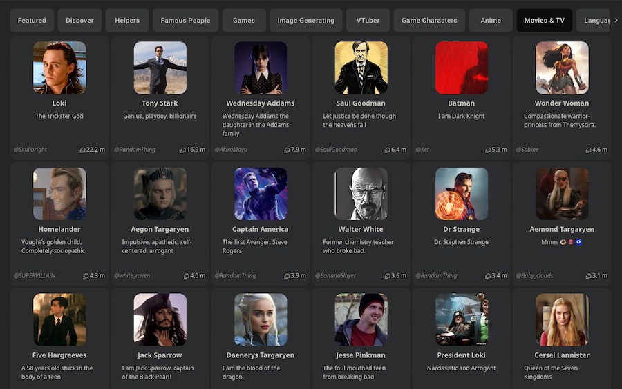 الدردشة مع شخصيات الفيلم في Character.ai
