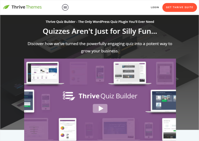 تزدهر-مسابقة-باني-الصفحة الرئيسية - IsItWP - كاشف موضوعات WordPress المجاني thrive quiz builder homepage
