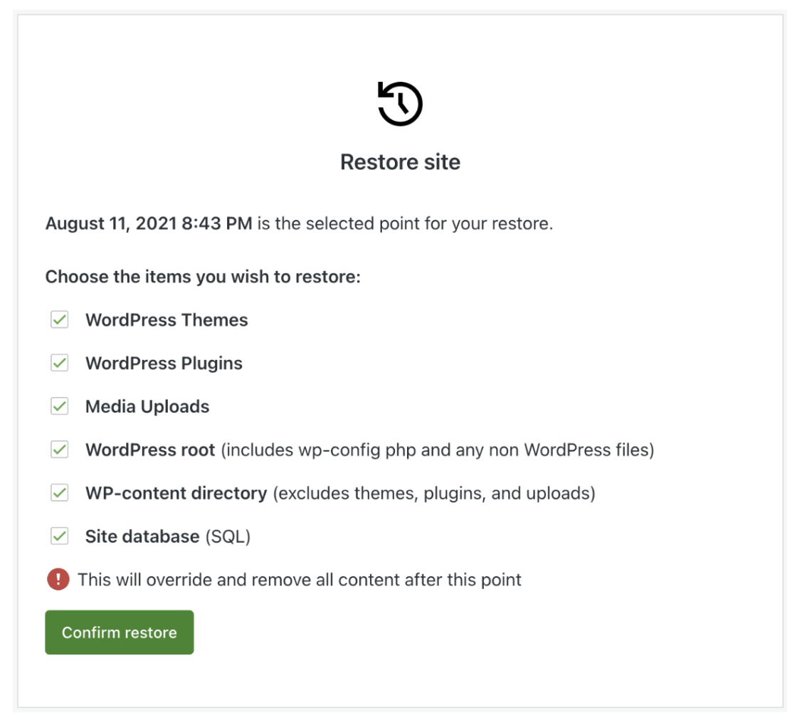 O VaultPress Backup orienta você durante o processo de restauração, permitindo que você escolha o que restaurar e como restaurar.