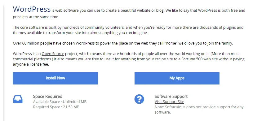 ตัวเลือกการติดตั้ง WordPress ภายใต้ Softaculous