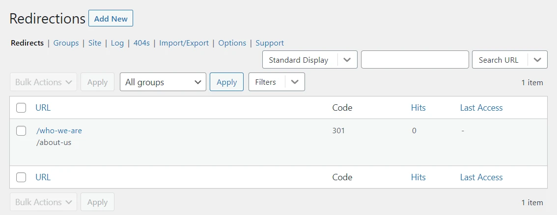 Lista przekierowań WordPress.