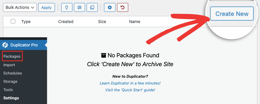 إنشاء حزمة جديدة في Duplicator