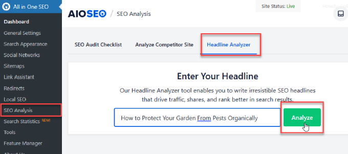 Analizor de titluri în All in One SEO Headline analyzer in All in One SEO