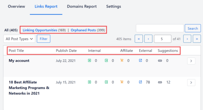Conectează rapoarte în All in One SEO Links reports in All in One SEO