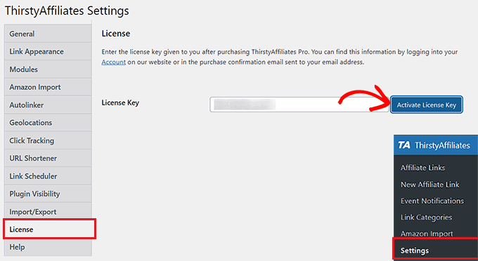 添加 ThirstyAffiliates 许可证密钥 Add the ThirstyAffiliates license key