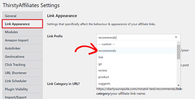从下拉菜单中选择链接前缀 Choose a link prefix from the dropdown menu