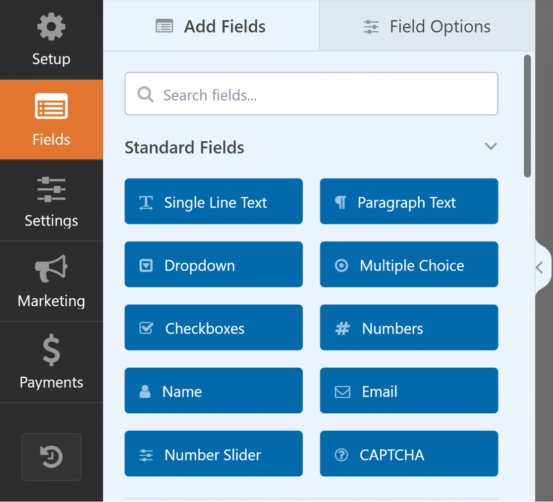 WPForms fields menu