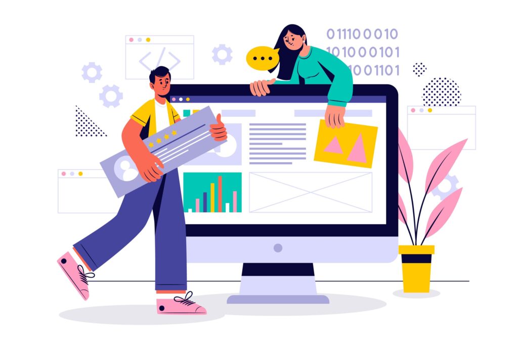 ilustrasi dua orang membuat website wordpress