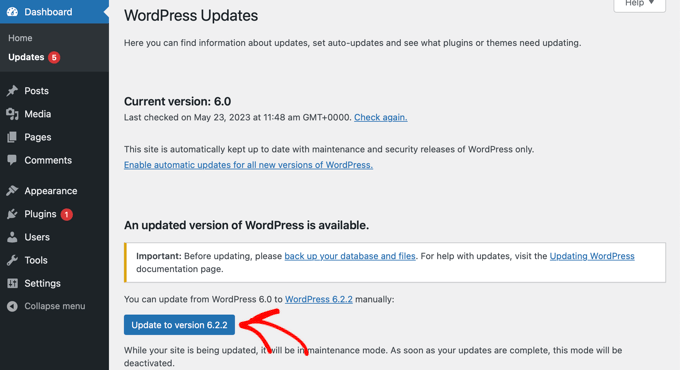 Memperbarui Inti WordPress Dari Dasbor Updating WordPress Core From the Dashboard