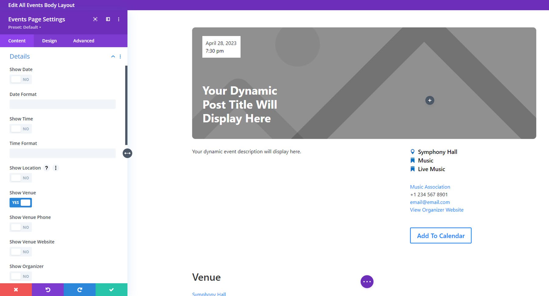 Divi 이벤트 캘린더 이벤트 페이지 세부 정보