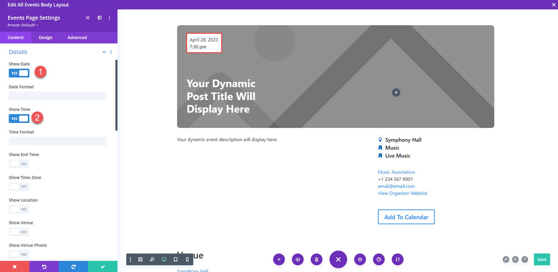 Divi 이벤트 캘린더 이벤트 페이지 표시 날짜 시간