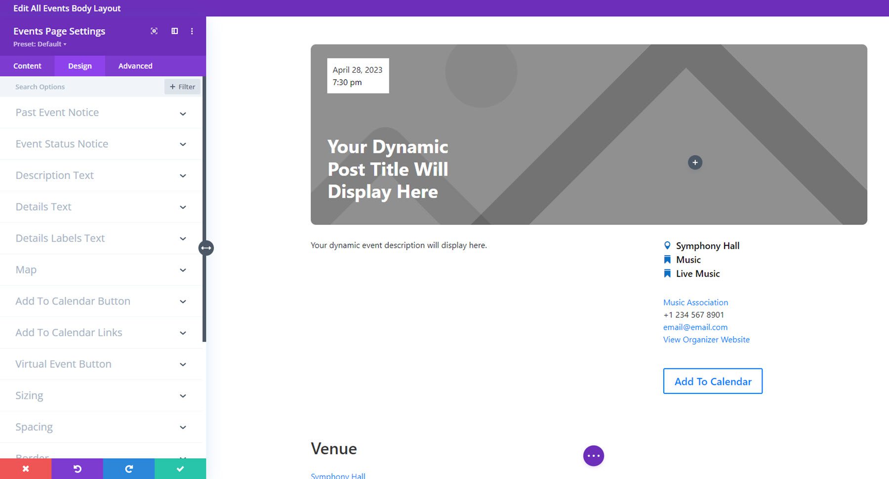 Divi 이벤트 캘린더 이벤트 페이지 디자인 설정