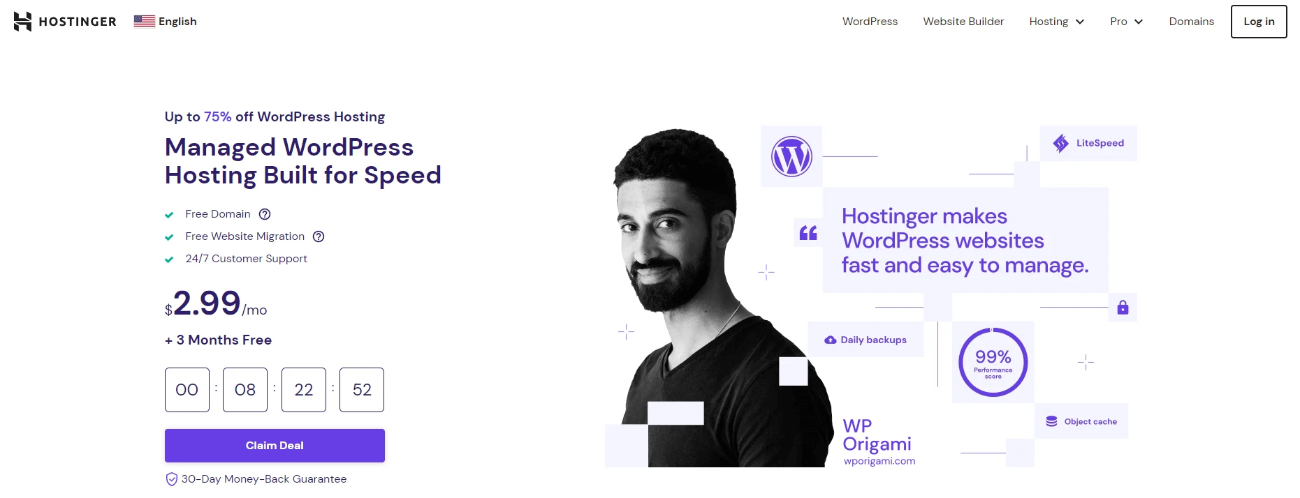 Exemplo de preço da Hostinger de preço de hospedagem WordPress.