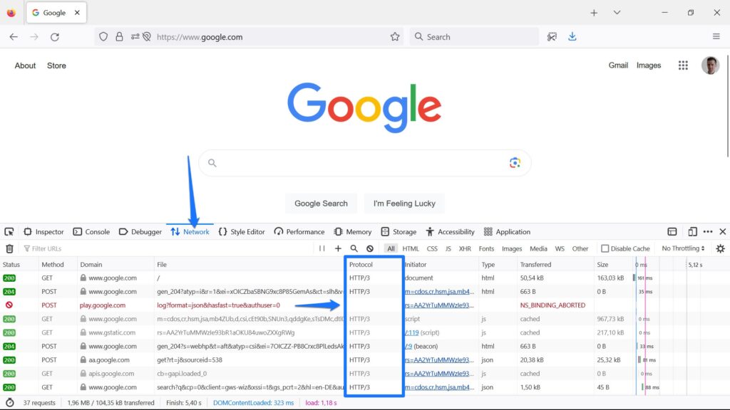 Google 홈페이지에서 http3 프로토콜이 활성화되었습니다.