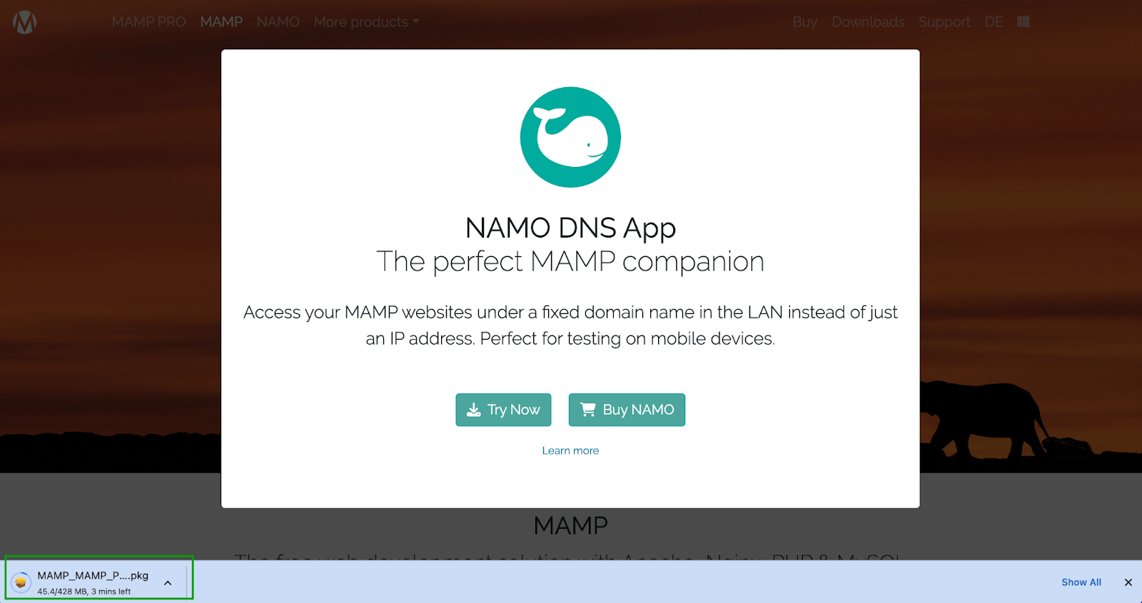 Une fois que vous avez cliqué sur le bouton de téléchargement, un écran apparaîtra indiquant NAMO DNS App : le compagnon idéal de MAMP.