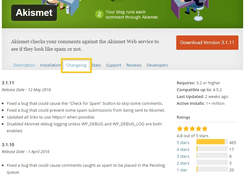 Vizualizarea jurnalului de modificări pentru pluginul WordPress Akismet