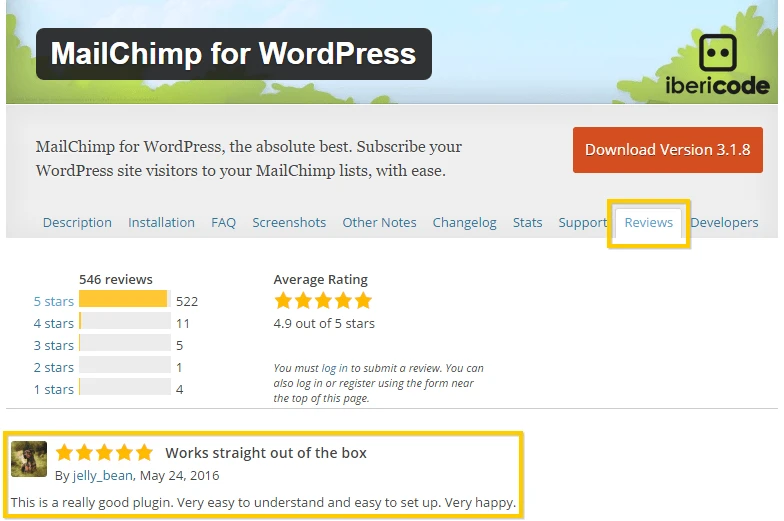 Vizualizarea recenziilor pluginurilor WordPress de la Mailchimp