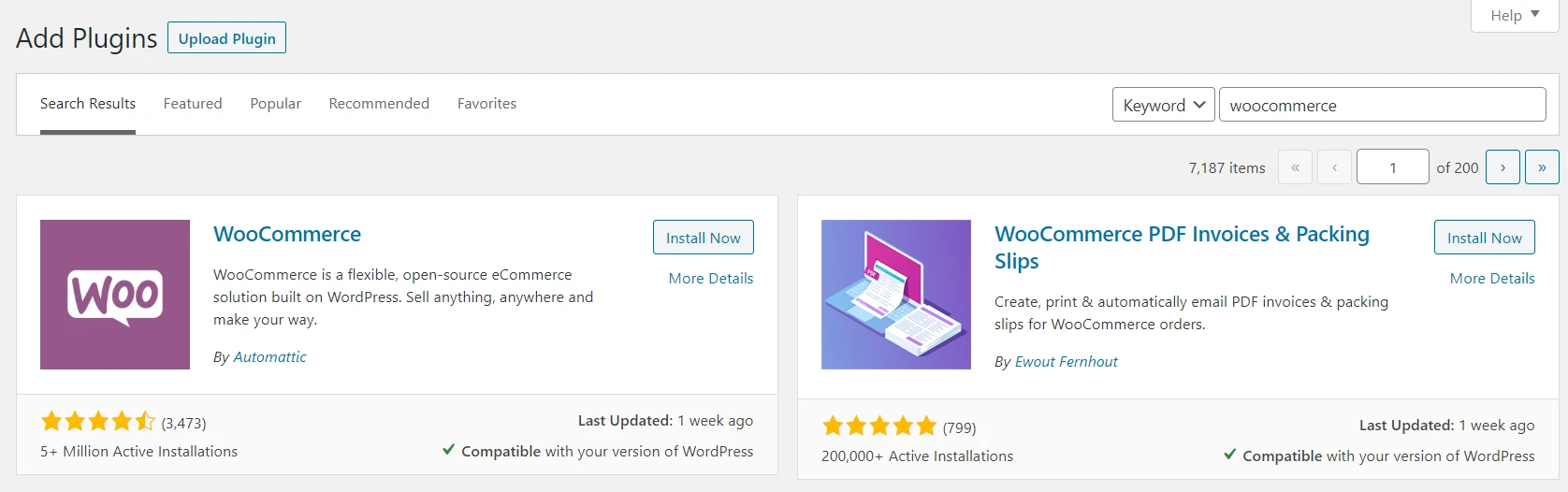 Căutarea și instalarea pluginului WooCommerce.