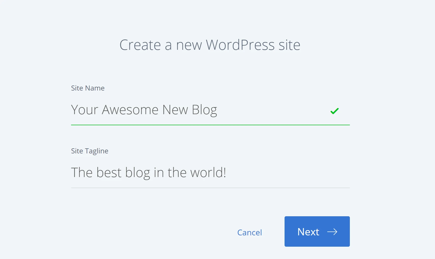 Masukkan detail untuk membuat blog WordPress.