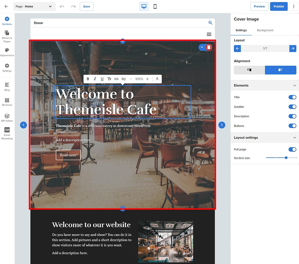 Bluehost 网站构建器编辑器
