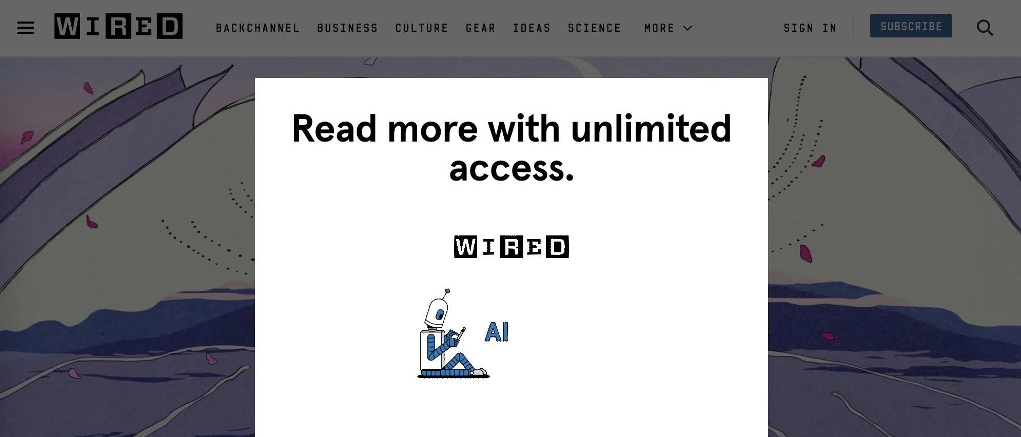 Платный доступ на веб-сайте Wired Magazine — это пример типа источника дохода, который вы можете использовать для своего онлайн-бизнеса.