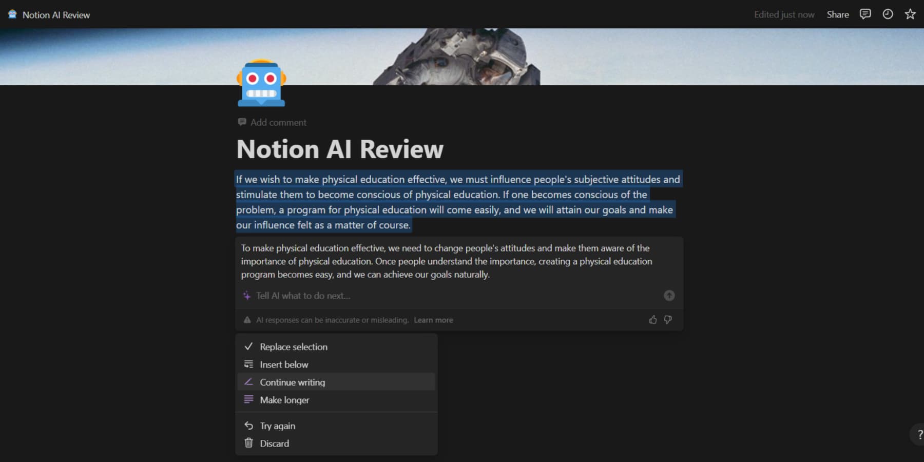 Скриншот Notion AI, упрощающий фрагмент текста