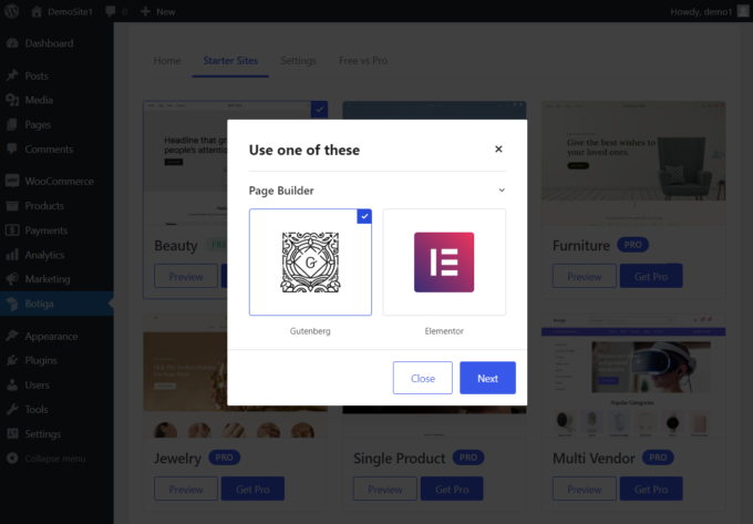 ผู้นำเข้าสาธิตของ Botiga ตัวเลือก Gutenberg กับ Elementor