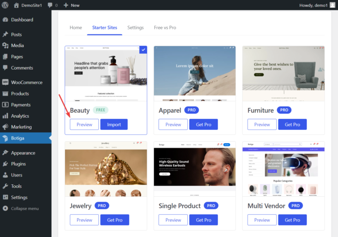 ไซต์เริ่มต้น Botiga ในพื้นที่ผู้ดูแลระบบ WordPress