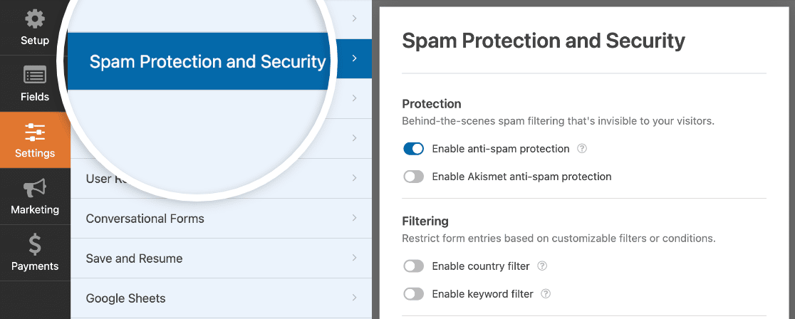 Deschiderea formularului de spam și setări de securitate