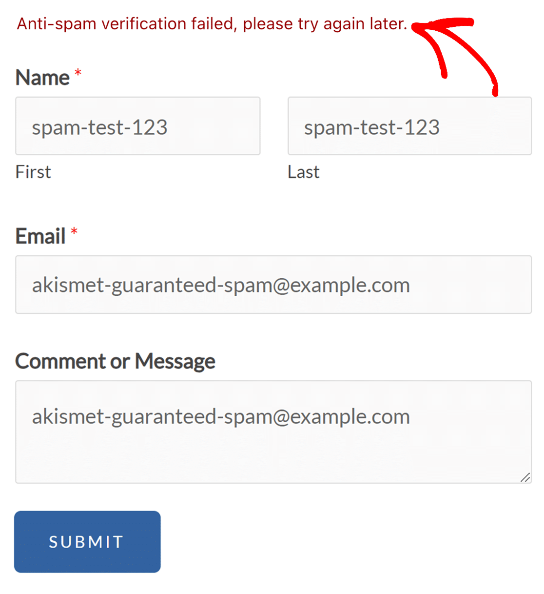 Avviso di errore anti-spam